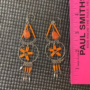 Orange Beaded Silver Statement Earrings